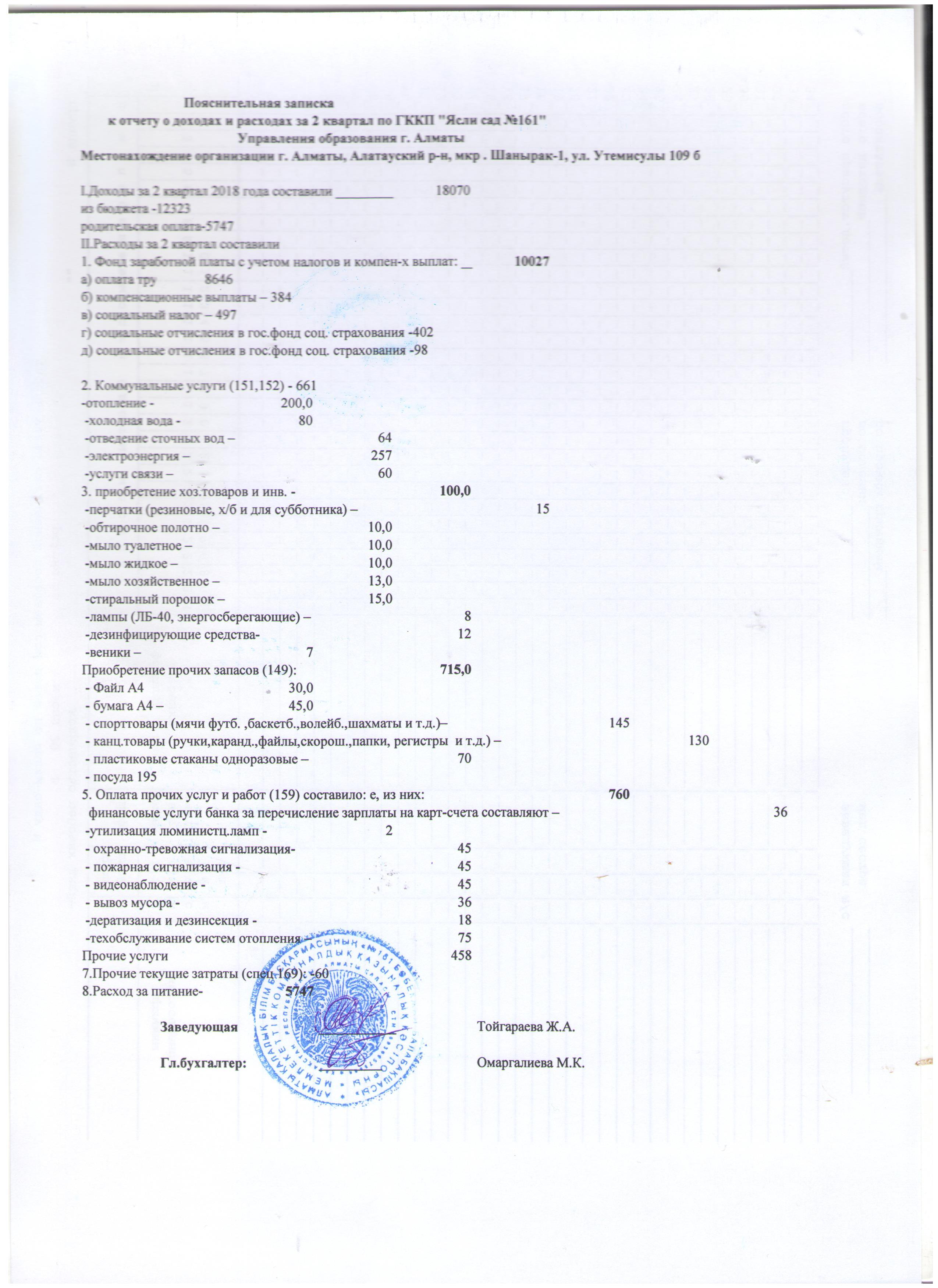 Отчет о  доход и расход за 2 квартал 2018 год